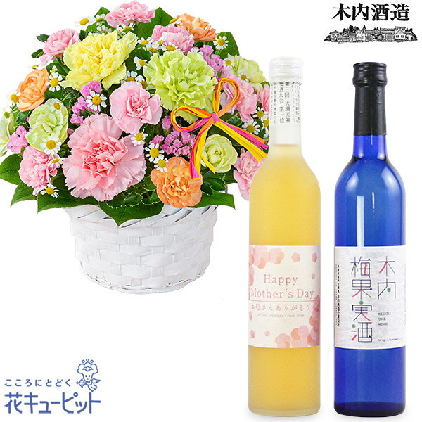 【母の日セットギフト】花キューピット お祝い 感謝 誕生日 祖母 義母 プレゼント カーネーションのミックスアレンジメントと【木内酒造】母の日限定◆木内梅酒・梅果実酒セットmt03u34-u34521357
