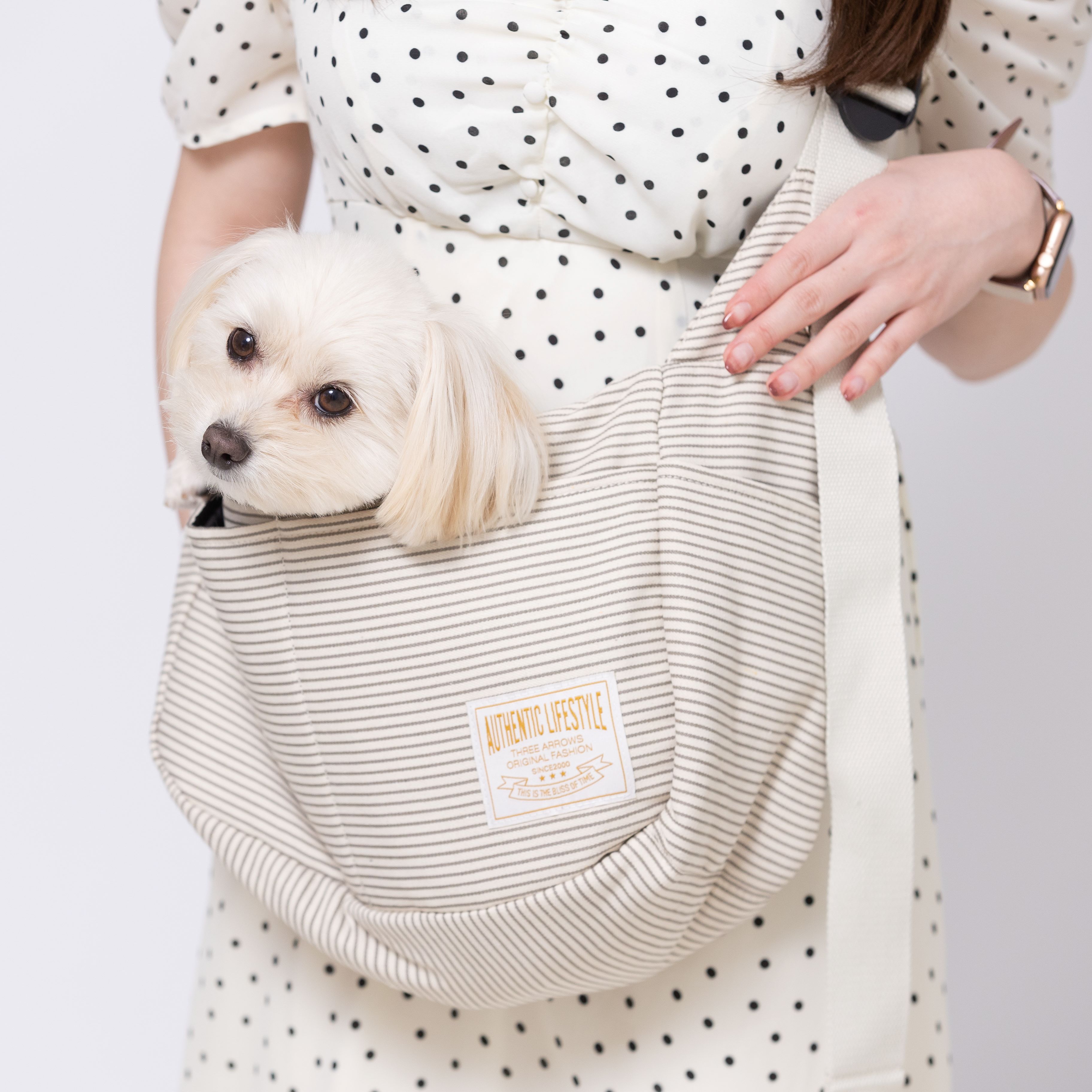 PET THREEの【20％OFFクーポン】【PiPi】ヒッコリー スリングバック S ベージュ/ネイビー pp233-011-aバッグ ペット用 犬用 ワンちゃん用 おでかけ 軽量 かわいい 可愛い ワッペン ポケット ショルダー｜アングル2