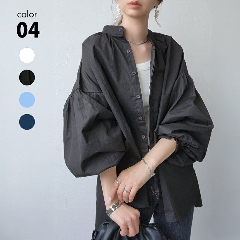 【クーポンで1000円OFF】シャツブラウス レディース ボリューム袖 [バンドカラー チュニック イージーケア フライフロント ゆったり 体型カバー 上品 きれいめ シアー シャツ ブラウス セレモニー オケージョン ホワイト ブラック ブルー ネイビー 春 夏 秋 冬 オフィス]のサムネイル