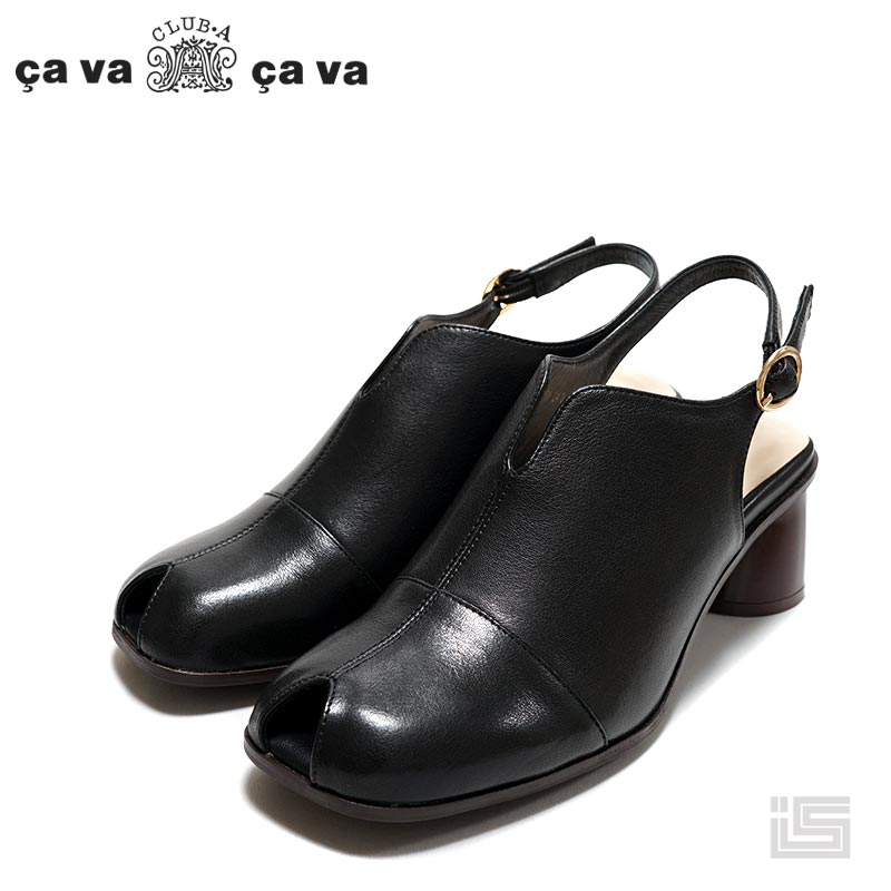 ■ cava cava サヴァサヴァ 1320579 Blackピープトゥカバーサンダル 甲深 チャンキーヒール5.5cm 【24ss】羊革　中国 正規品