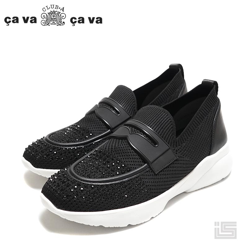 【new】 cava cava サヴァサヴァ 5220051 Black軽量 ビジューローファースリッポン一体型ニット 5cm カジュアルなローファースタイル【24ss】 中国 ニット生地×合成皮革 正規品