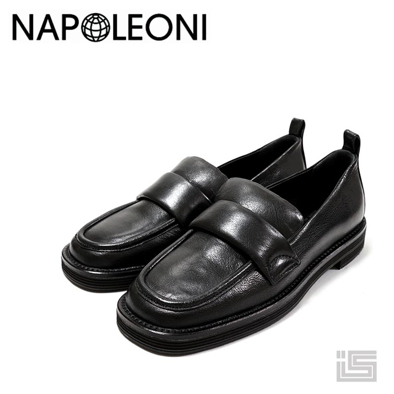 ■ NAPOLEONI ナポレオーニA3010 Black 黒 ブラック ローファー モカ スクエアトゥローヒール レディース レザーシューズ イタリア製 【22fw】