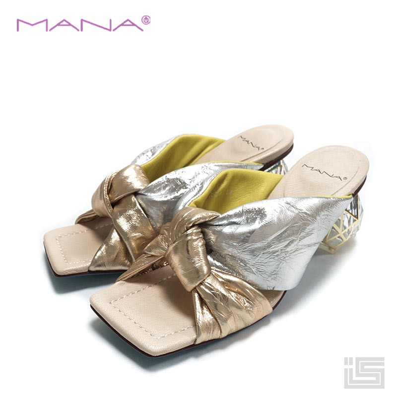 ★ MANA マナ 522143 Silver/c ボールノット・ミュールダイヤモンドのようなアートヒール リボン結びレザー レディース 今西優子 靴
