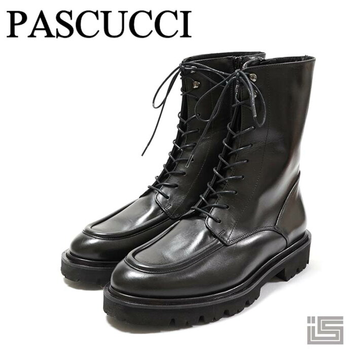 ■ PASCUCCI パスクッチ 9441 Blackレザー ミドル丈ブーツ Uチップ モカ 厚底ボリュームソール 本革 マニッシュ 編み上げ シューズ レディース イタリア【正規品】