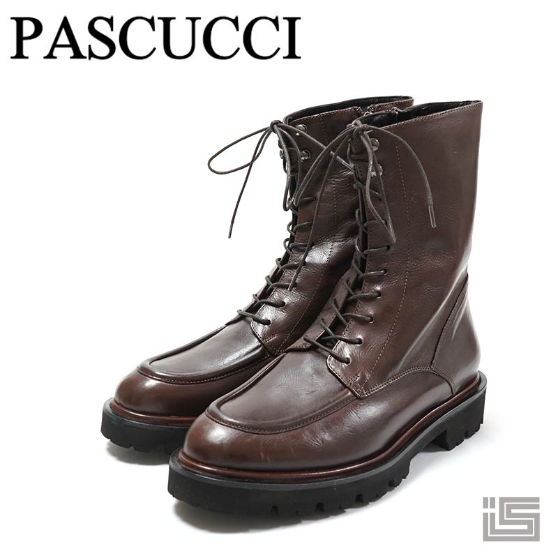 ■ PASCUCCI パスクッチ 9441 Dark Brownレザー ミドル丈ブーツ Uチップ モカ 厚底ボリュームソール 本革 マニッシュ 編み上げ シューズ レディース イタリア【正規品】