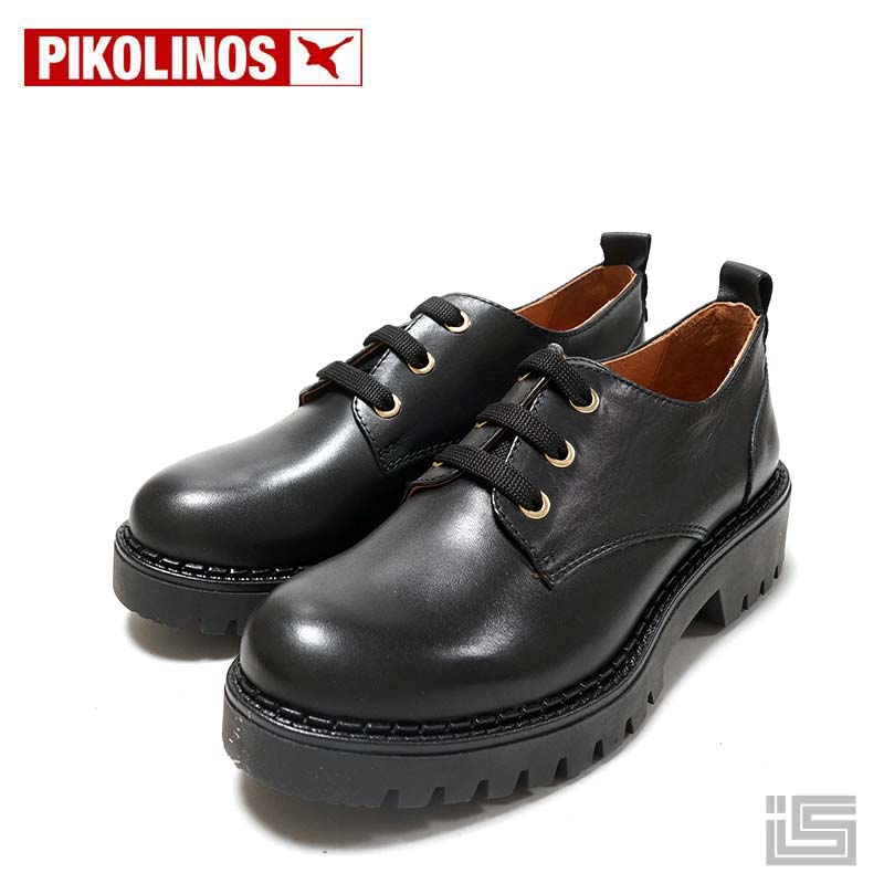 ◆ PIKOLINOS ピコリノス W6P-4632 Black レースアップ プレーントゥ 3ホール ハトメ ソフトレザー スペインブランド 正規品 インポート..