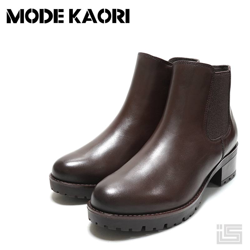 ◆ MODE KAORI モードカオリ21452 Dark Brown ブラウン トラックソールショートチェルシーブーツ 【撥水 防滑 断熱】インジップ 牛革 本革 ヒール4cm チャンキーヒール 2E アーモンドトゥ 中国製ショート丈 レディースブーツ