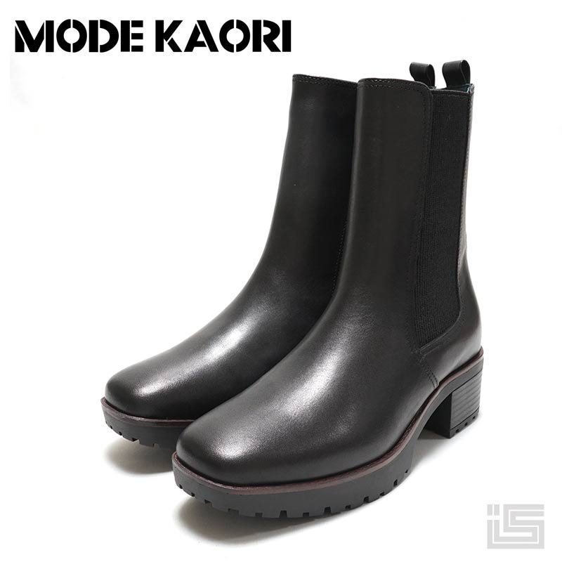 ◆ MODE KAORI モードカオリ21461 Black トラックソールチェルシーブーツ サイドゴア【撥水 防滑 断熱】内側ファスナー 牛革 本革 ヒール4.5cm チャンキーヒール 2E スクエアトゥ 中国製ミドル丈 レディースブーツ