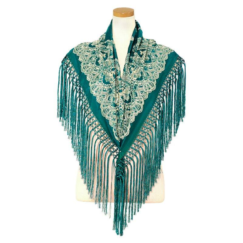 FL-2501　刺繍シージョ/グリーン「1点のみメール便可」群舞 発表会 ショール フラメンコ マントンシー..