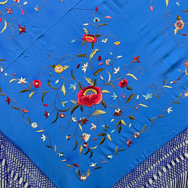 BF-25621　シルク刺繍マントン/ブルー×多色【フラメンコ用品】ショール 発表会