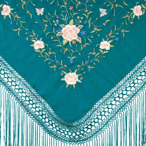P8084 刺繍入りマントン ブルーグリーン×アイボリー多色【フラメンコ用品】 P8084 刺繍入りマントン ブルーグリーン×アイボリー多色【フラメンコ用品】