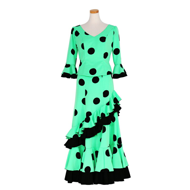 【オーダー商品】HOP-03 変形4段フリルツーピース　イエローグリーン/ブラック水玉【25P】　フラメンコ..