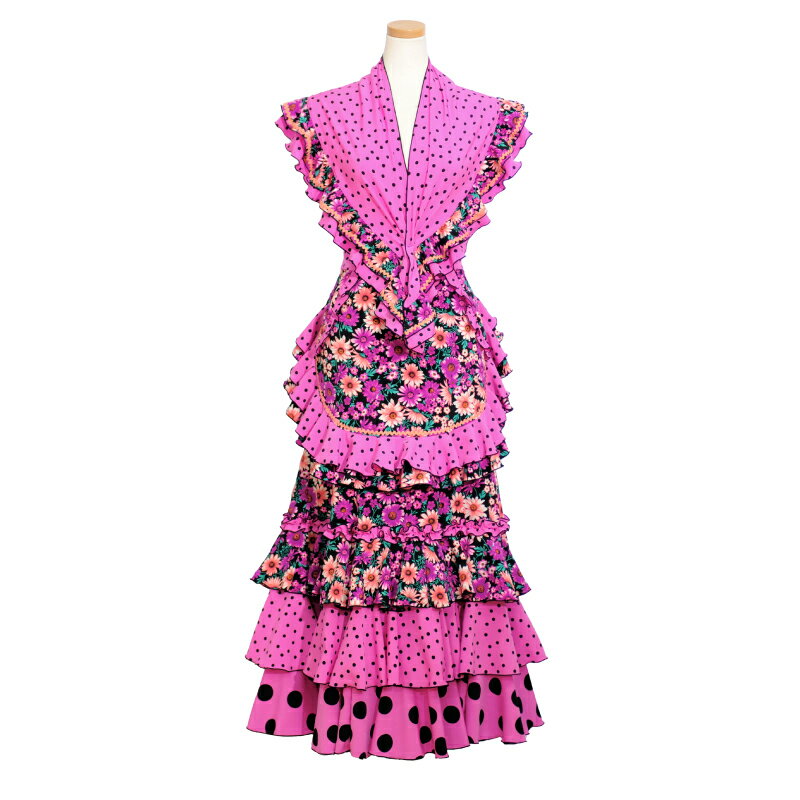 【現品】HOP-11 3段フリルスカート+ピキージョ+エプロンセット ピンク水玉/ピンク花柄 【21I】フラメンコ衣装 発表会