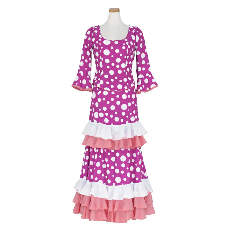 【現品特価】HOP-02 後ろ上がり5段フリルツーピース グレープ/ホワイト変形水玉【23T】【日本製】【フラメンコ衣装】ファルダ　ダンス　発表会