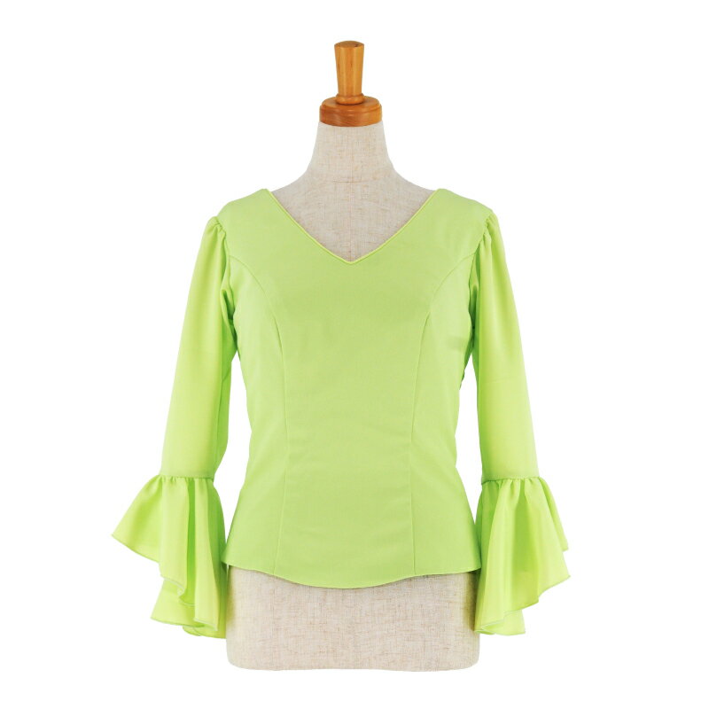 【オーダー商品】HB-2006 Vネック7分袖ブラウス/グリーンイエロー 「1点のみメール便可」フラメンコ衣装 発表会