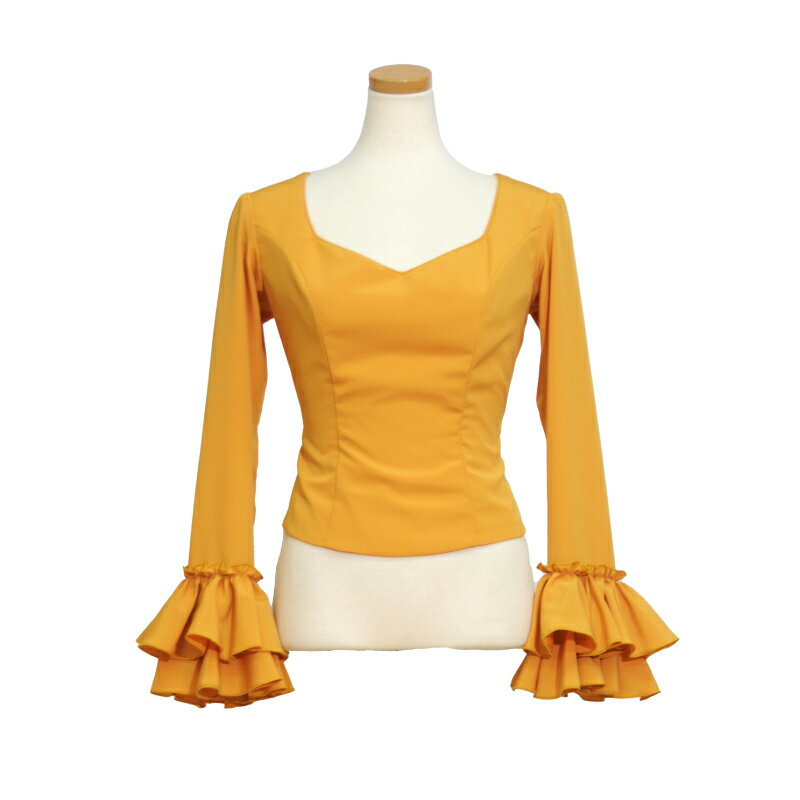 【オーダー商品】HB-2005　ダイヤモンドカット+2段ギャザーブラウス / マスタード【日本製】【フラメンコ衣装】
