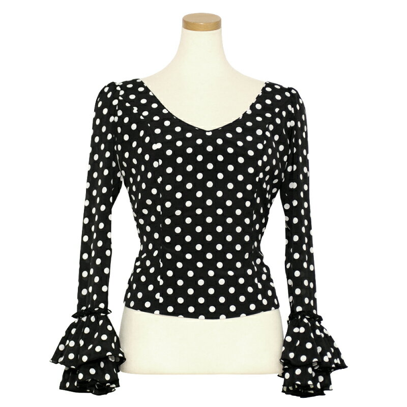 【現品】HB-1105 2段上付きギャザーフリル袖ブラウス ブラック/ホワイト小水玉「1点のみメール便可」フラメンコ衣装 発表会