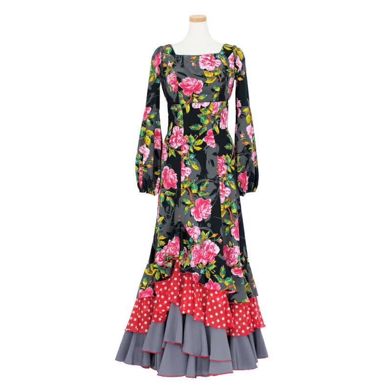 【現品】HV-2201A ハイウエスト前上がり4段フリルスカートツーピース ブラック・バラ柄【22V】 【日本製】【フラメンコ衣装】発表会 ドレス