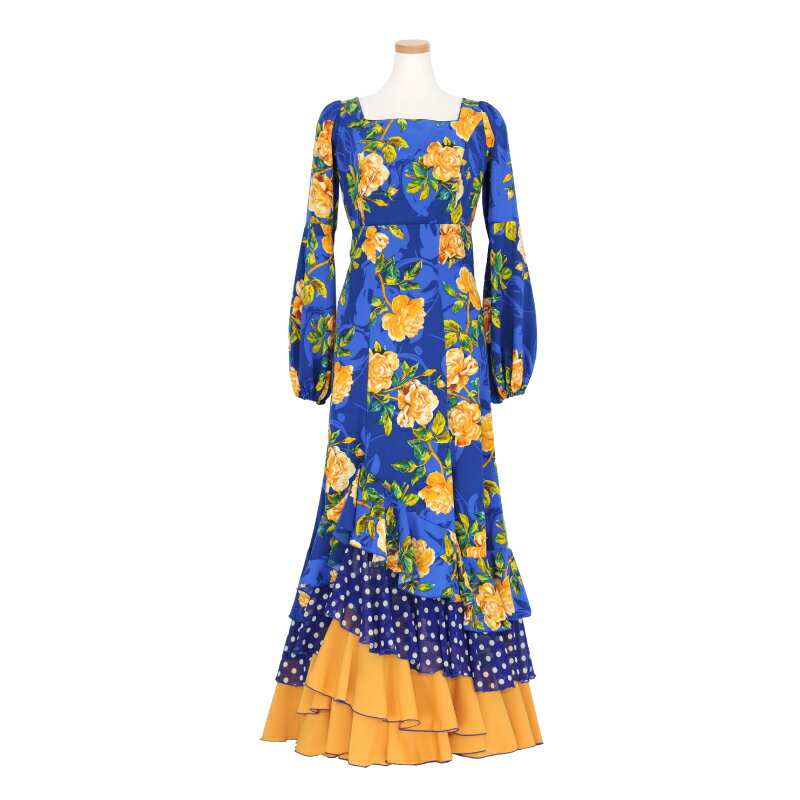 【現品】HV-2201A ハイウエスト前上がり4段フリルスカートツーピース ブルー・バラ柄【22V】 【日本製】【フラメンコ衣装】発表会 ドレス