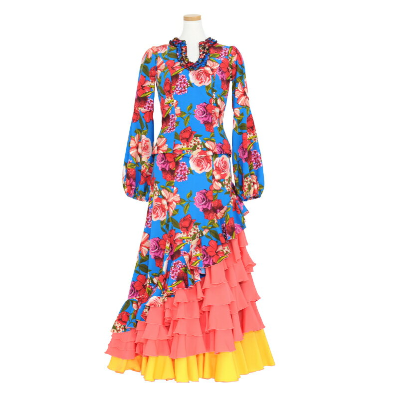 【現品】HI-2301A アームパフ斜め切替えスカートツーピース ブルー花柄【22I】【日本製】【フラメンコ衣装】発表会 ドレス