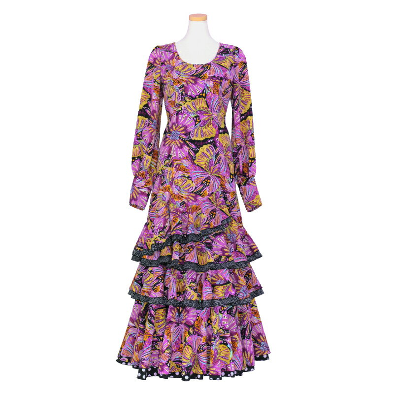 【現品】HT-2301 前上がり3段合わせフリルワンピース マゼンタ蝶柄【23T】フラメンコ衣装　発表会