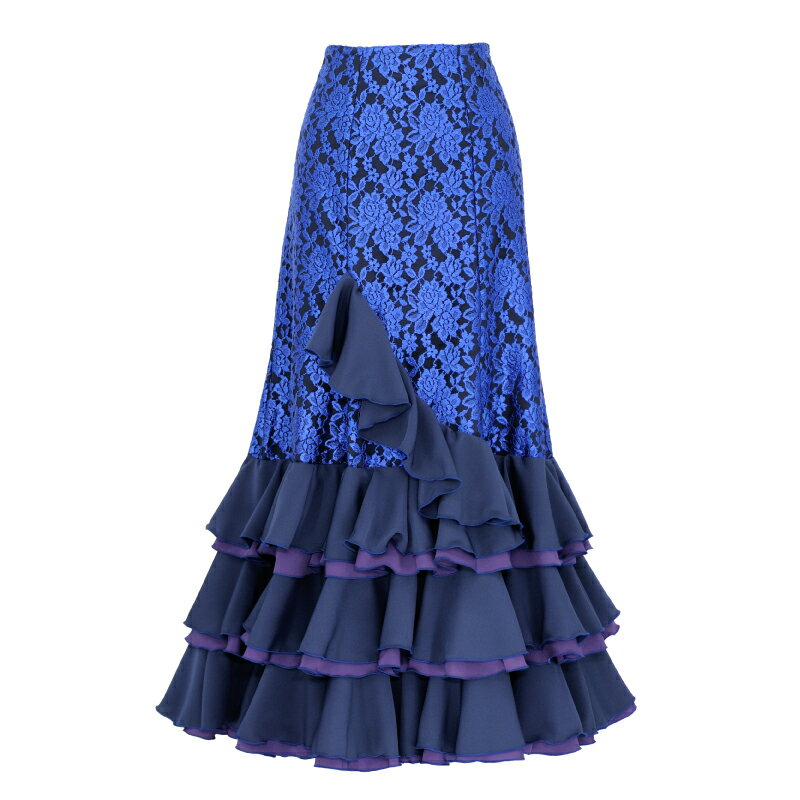【オーダー商品】◎HF-1403 斜めフリル付合わせ3段フリルスカート /ブラック・ブルーレース/ネイビー【23V】フラメンコ衣装 発表会