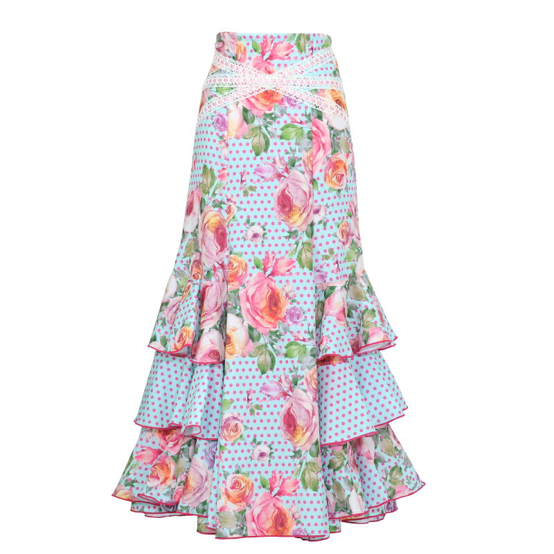 【現品特価】CF-2503　スペイン製スカート　ライトブルー/ピンク花柄・水玉【スペイン製】【フラメンコ衣装】ファルダ　ダンス　発表会