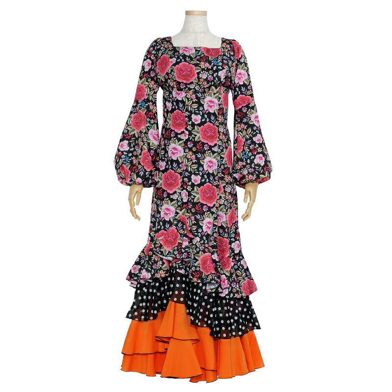 【オーダー商品】HV-2201 ハイウエスト前上がり4段フリルスカートツーピース ブラック花柄/オレンジ【25V】 フラメンコ衣装 発表会