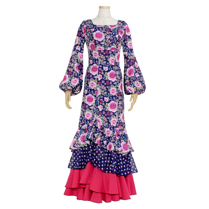 【オーダー商品】HV-2201 ハイウエスト前上がり4段フリルスカートツーピース ネイビー花柄/ピンク【25V】 フラメンコ衣装 発表会