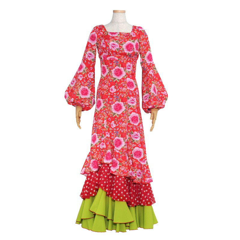 【オーダー商品】HV-2201 ハイウエスト前上がり4段フリルスカートツーピース レッド花柄/ピスタチオ【25V】 フラメンコ衣装 発表会