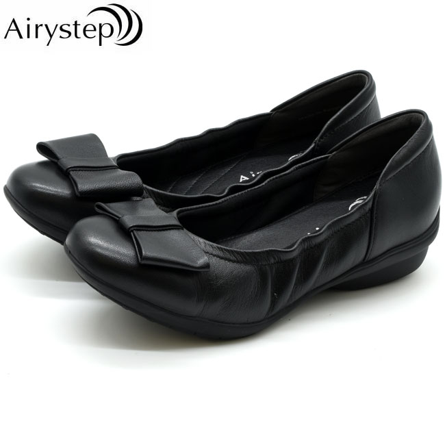 エアリーステップ Airy step バレエシューズ リボン ローヒール 本革 レザー オフィス お仕事 レディース ブラック 黒 22-25 3552