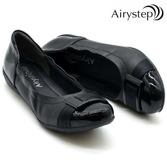 乐天商城 - エアリーステップ Airy step バレエシューズ バックル ローヒール 本革 レザー オフィス お仕事 レディース ブラック 黒 22-25 6352