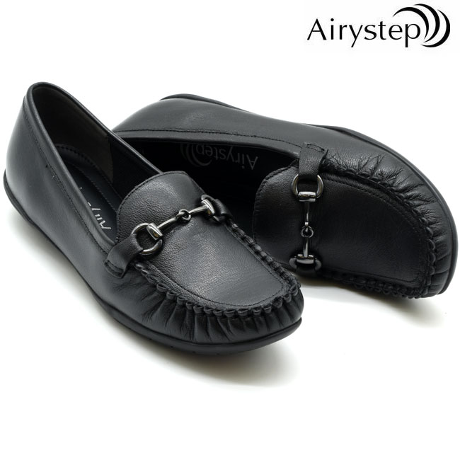 乐天商城 - エアリーステップ Airy step モカシン パンプス ぺたんこ 本革 レザー オフィス お仕事 レディース ブラック 黒 22-25 6433