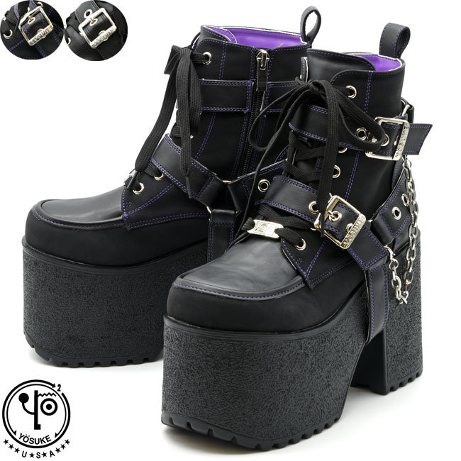 ヨースケ YOSUKE 厚底ブーツ レースアップブーツ ハイソール ゴスロリ リングベルト メンズ ブラック 黒 銀 4468044