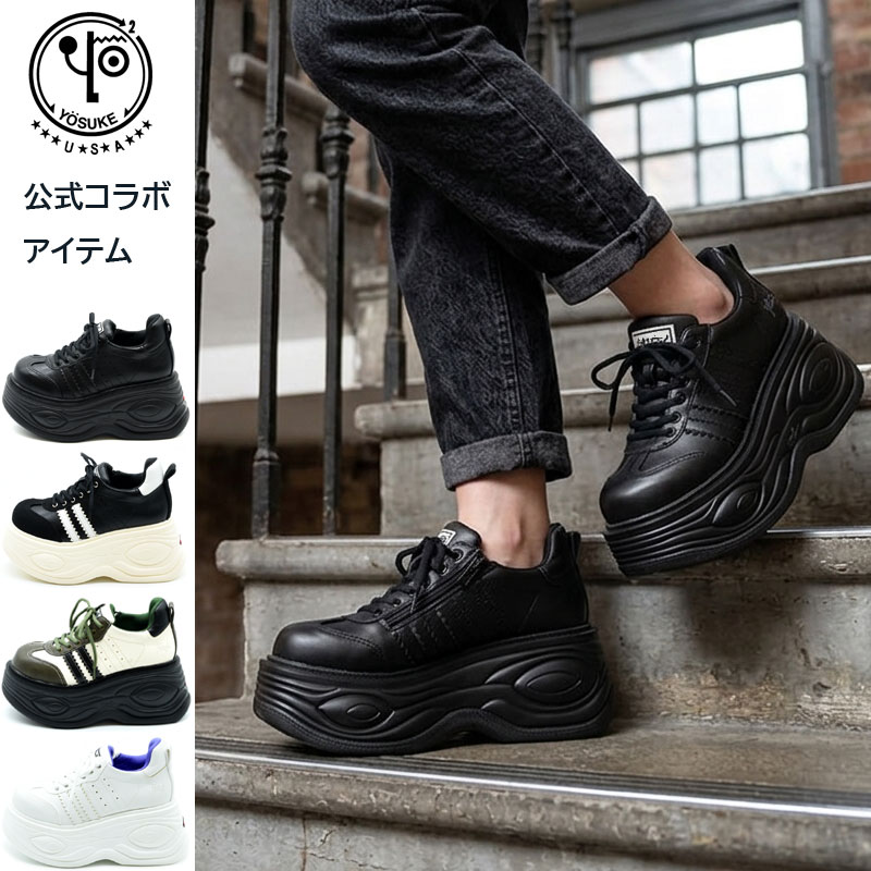 樂天商城 - ヨースケ YOSUKE 【公式コラボ限定アイテム】 厚底スニーカー ブランド プラットフォーム 厚底フラット モード 地雷系 サブカル Y2K 韓国ファッション レースアップ ハイソール レディース 黒 白 カーキ 22.5cm-25cm 2710064 【靴下の購入特典つき】