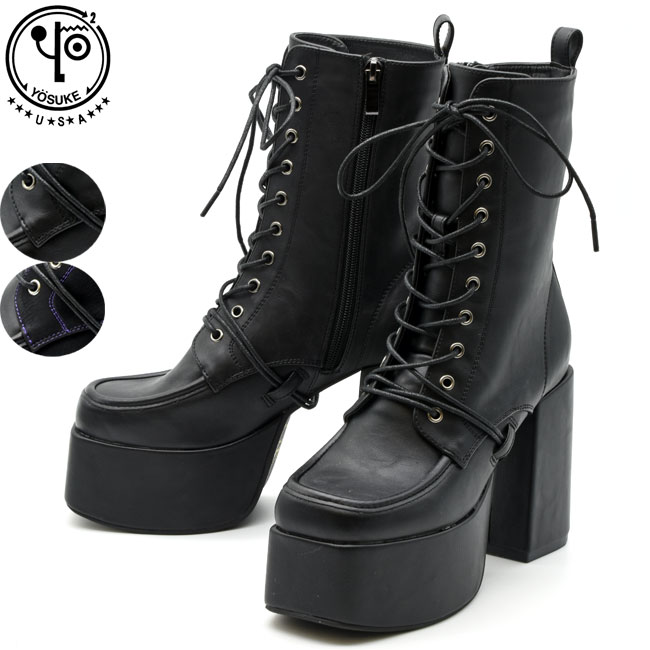ヨースケ YOSUKE 厚底ブーツ レースアップブーツ ショートブーツ チャンキーヒール レディース 全4色 S-LL ブラック 黒 2820059