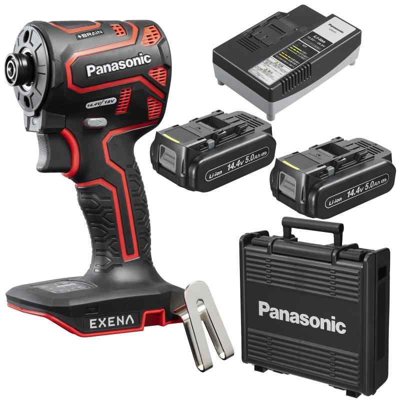 パナソニック 充電インパクトドライバー EXENA (14.4V 5.0Ah電池パック×2個/充電器/プラスチックケース付) デュアル(14.4V/18V対応)+BRAIN 電子クラッチ搭載 Pシリーズ EZ1PD1J14D-R レッド