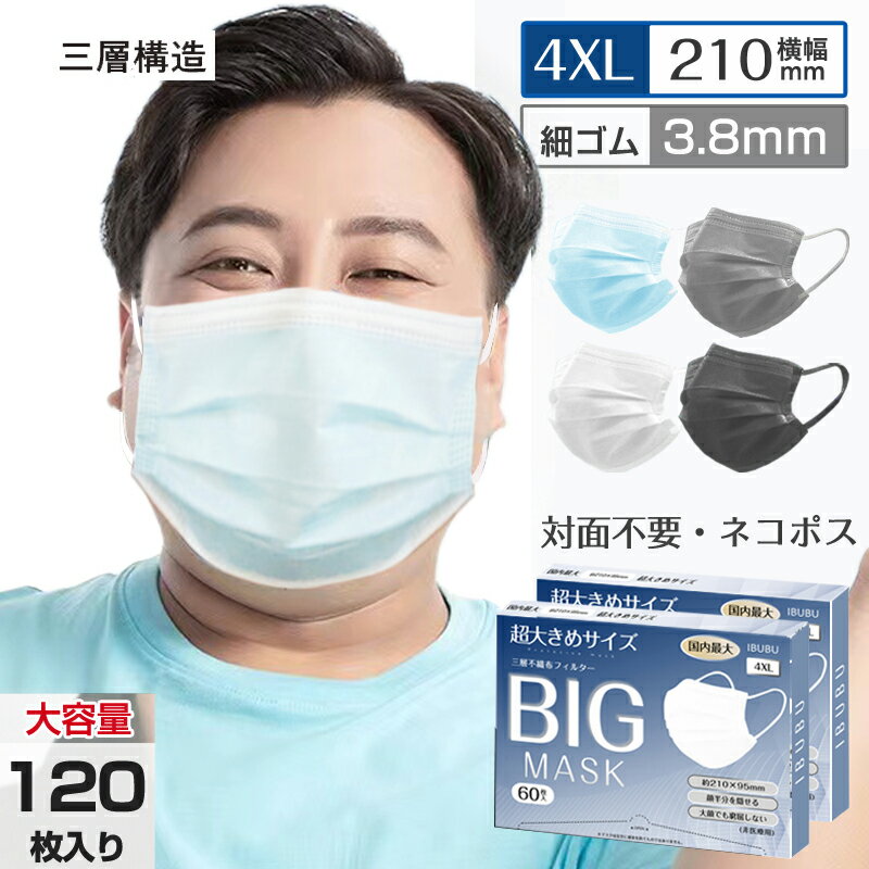 【国内最大サイズ】超大きいサイズ 不織布マスク 大きめ マスク マスク 大きめ マスク 大きいサイズ 使い捨てマスク 210mm 95mm 3.8mm平ゴム 4XLサイズマスク 120枚入 3層構造 カラーマスク 99 cut white black gray blue 薄め素材【両面同色】