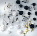 ネイルパーツ 花 約200個セット 3D 立体 大きい お花パーツ 黒 白 クリア カメリア 椿 バラ 蝶々 ネイルパーツ ストーン ブリオン パール ネイルアート ジュエリーパーツ デコパーツ (黒+白+透明)