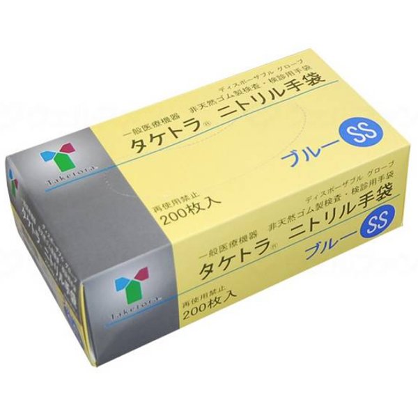 「タケトラ ニトリル手袋」は、伸縮性・耐久性に優れた合成ゴム素材の手袋です。 ●長さ240mm。様々な処置や検査に使えます。 ●伸縮性、耐久性、薬剤耐性に優れた合成ゴム素材。 ●指先の滑り止め加工により、様々な環境で高いグリップ力を発揮します。 ●テープがつきにくいため、作業性が向上します。 ●ラテックスフリー：ラッテクスアレルギーの心配がありません。 ●パウダーフリー：パウダーによる手荒れの心配がありません。 ●食品衛生法適合品 【入数】1箱200枚 【カラー】ブルー 【サイズ】SS 【メーカー品番】075851 【JAN】4958995758511　