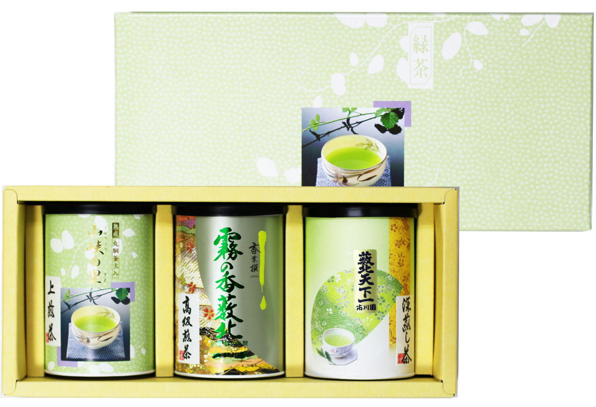 お茶ギフト 静岡茶 「山峡の里、薮北天下一、霧の香、100g紙缶各1本 詰合せギフト」 静岡茶の通販 沼津・市川園