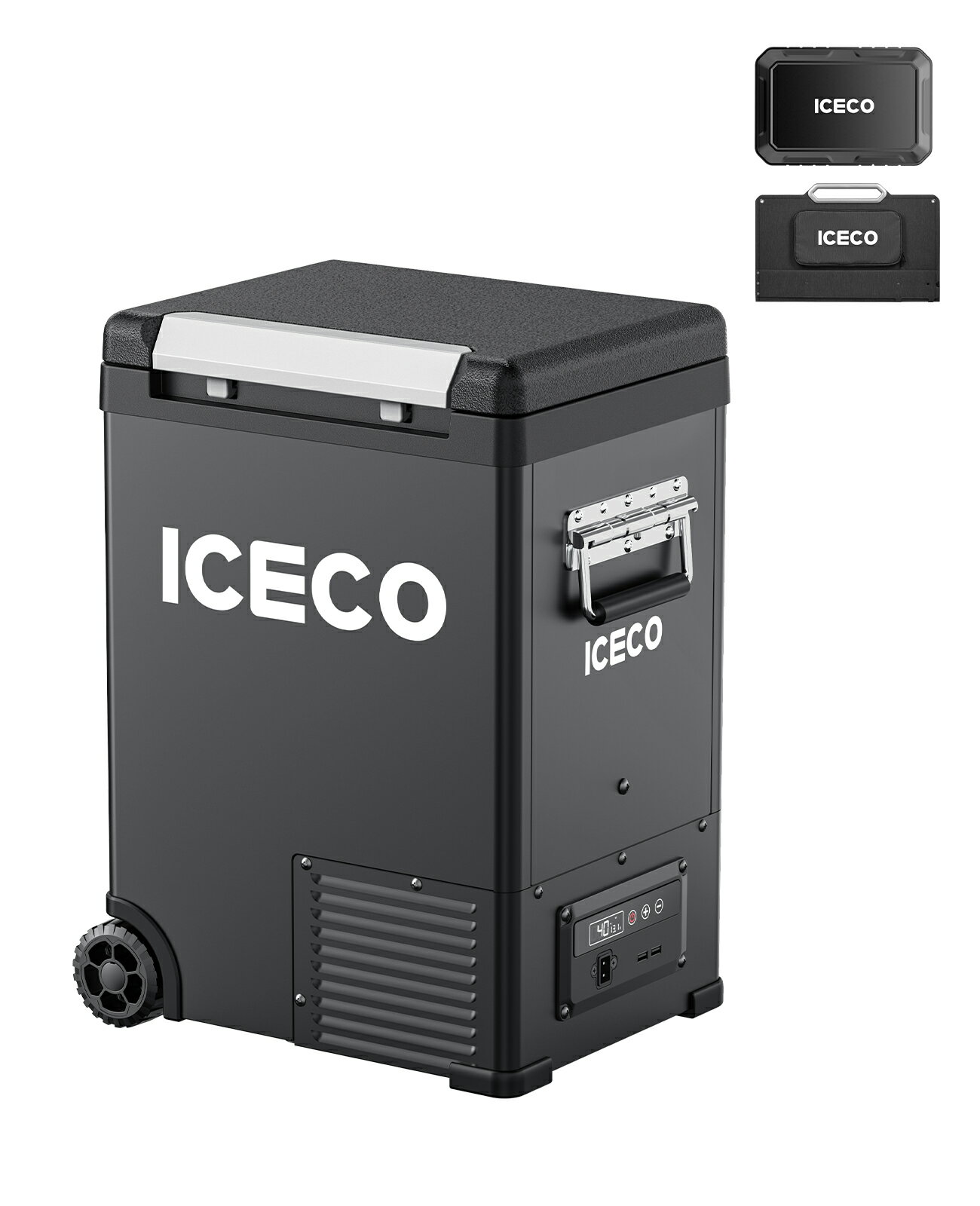 商品情報 モデル ICECO IPT20 ポータブル冷凍庫・冷蔵庫+バッテリー+ソーラーパネル セット 商品仕様 入力電源：AC100V～240V、DC12/24V、バッテリー 冷却方式：コンプレッサー式 設定温度：-20℃～20℃ 消費電力：ECOモード約35W、MAXモード50W 騒音値：32dB以下 本体寸法&amp;重量： 18.3L：389*295*533mm、13.5kg 保証期間：コンプレッサーの5年保証と付属品の1年保証 付属品 ACケーブル×1 DCケーブル×1 保護パッド×1 日本語取扱説明書×1 ポイント1 【17分間で25℃~0℃まで】 SECOP コンプレッサーを搭載し、急速冷凍を実現。庫内温度は- 20℃～20℃まで調整可能で、25℃から 0℃までわずか 17 分で冷却します。専用クラッシュパッド付きで、走行中の衝撃から本体をしっかり保護します。 ポイント2 【3WAY電源対応、アプリ制御】 家（100/240V）、車（12V/24V）、ポータブル電源に対応できで使用可能です。アプリで遠隔操作、CarPlay から運転中も温度確認・調整が簡単に行えます。 ポイント3 【挟まれを防止ドア、≤32dB低騒音】 ドアがゆっくり閉じる、挟まれを防止、子供でも安全使用できます。≤32dB低騒音、休息や仕事の邪魔をすることなく、より快適に車載冷蔵庫を楽しむことができます。 ポイント4 【低電圧保護機能、二種冷却モード搭載】 低電圧保護機能を3段階調節できます。車シガーソケットが供給している電圧が設定された段階に下がると、コンプレッサーが自動で止まります。バッテリー上がりの心配がないのでドライブ中では安心に使用できます。二種冷却モードが搭載され、MAXモードでは温度下がりが速く、ECOモードでは消費電力が低いです。