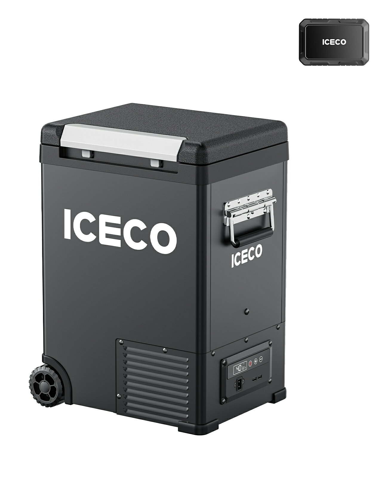 商品情報 モデル ICECO IPT20 ポータブル冷凍庫・冷蔵庫+バッテリー セット 商品仕様 入力電源：AC100V～240V、DC12/24V、バッテリー 冷却方式：コンプレッサー式 設定温度：-20℃～20℃ 消費電力：ECOモード約35W、MAXモード50W 騒音値：32dB以下 本体寸法&amp;重量： 18.3L：389*295*533mm、13.5kg 保証期間：コンプレッサーの5年保証と付属品の1年保証 付属品 ACケーブル×1 DCケーブル×1 保護パッド×1 日本語取扱説明書×1 ポイント1 【17分間で25℃~0℃まで】 SECOP コンプレッサーを搭載し、急速冷凍を実現。庫内温度は- 20℃～20℃まで調整可能で、25℃から 0℃までわずか 17 分で冷却します。専用クラッシュパッド付きで、走行中の衝撃から本体をしっかり保護します。 ポイント2 【3WAY電源対応、アプリ制御】 家（100/240V）、車（12V/24V）、ポータブル電源に対応できで使用可能です。アプリで遠隔操作、CarPlay から運転中も温度確認・調整が簡単に行えます。 ポイント3 【挟まれを防止ドア、≤32dB低騒音】 ドアがゆっくり閉じる、挟まれを防止、子供でも安全使用できます。≤32dB低騒音、休息や仕事の邪魔をすることなく、より快適に車載冷蔵庫を楽しむことができます。 ポイント4 【低電圧保護機能、二種冷却モード搭載】 低電圧保護機能を3段階調節できます。車シガーソケットが供給している電圧が設定された段階に下がると、コンプレッサーが自動で止まります。バッテリー上がりの心配がないのでドライブ中では安心に使用できます。二種冷却モードが搭載され、MAXモードでは温度下がりが速く、ECOモードでは消費電力が低いです。