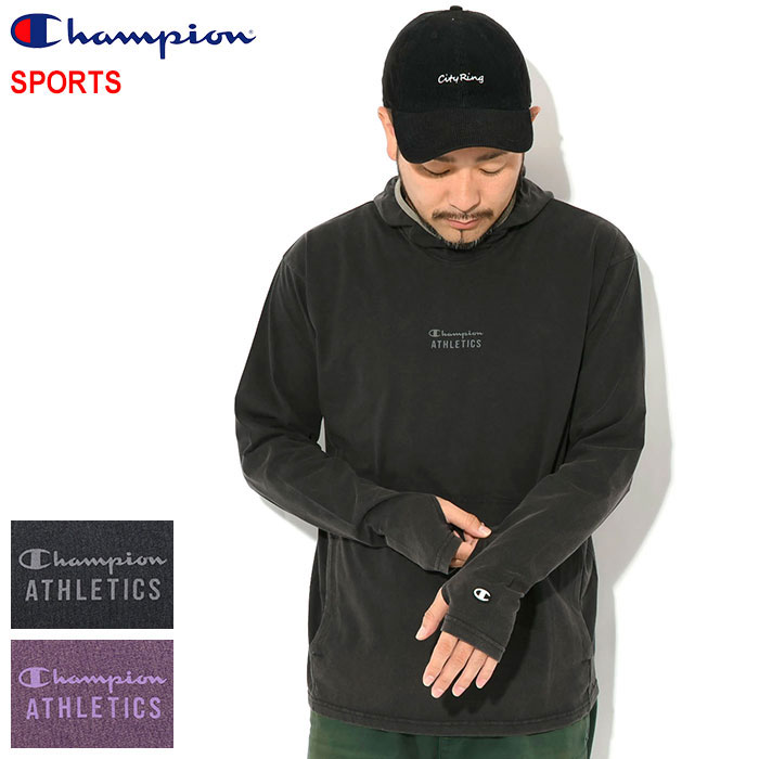 乐天商城 - チャンピオン Champion カットソー 長袖 メンズ C3-CS403 ( C3-CS403 L/S Hood Tee SPORTS スポーツ 接触冷感 吸汗速乾 UVカット 日本企画 Cロゴ Cマーク ティーシャツ T-SHIRTS トップス ロンティー ロンt プルオーバー パーカー フード付き メンズ 男性用 )