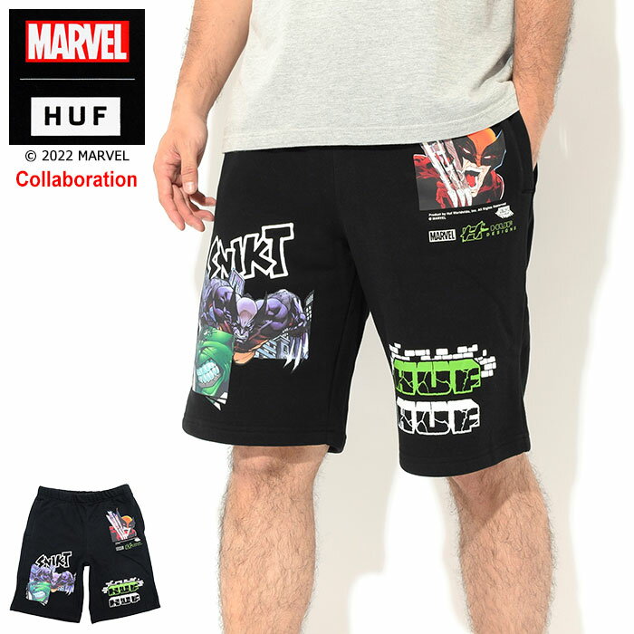 ハフ HUF ハーフパンツ メンズ マーベル スマッシュ アップ フリース ショーツ コラボ ( HUF×MARVEL Smash Up Fleece Short ハルク ウルヴァリン スウェットショーツ ショートパンツ ショートパンツ ハーパン ボトムス メンズ 男性用 PT00260 ) ice field icefield