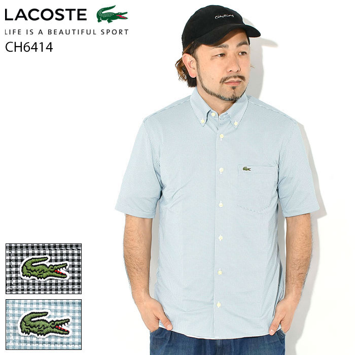 乐天商城 - ラコステ LACOSTE シャツ 半袖 メンズ CH6414 ( lacoste CH6414 S/S Shirt ストレッチ 消臭 速乾 UVカット チェック ボタンダウンシャツ カジュアルシャツ トップス CH6414-99 )