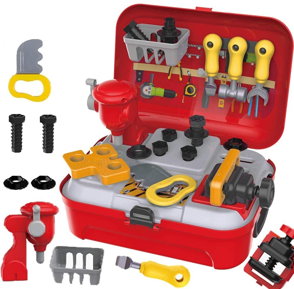大工さん おままごと 工具セット 工具おもちゃ ごっこ遊び なりきり 工具ボックス 収納リュックセット 男の子向け 組立て おもちゃ レッド 八歳以上子供用 誕生日 プレゼント 入園祝い 【海外通販】