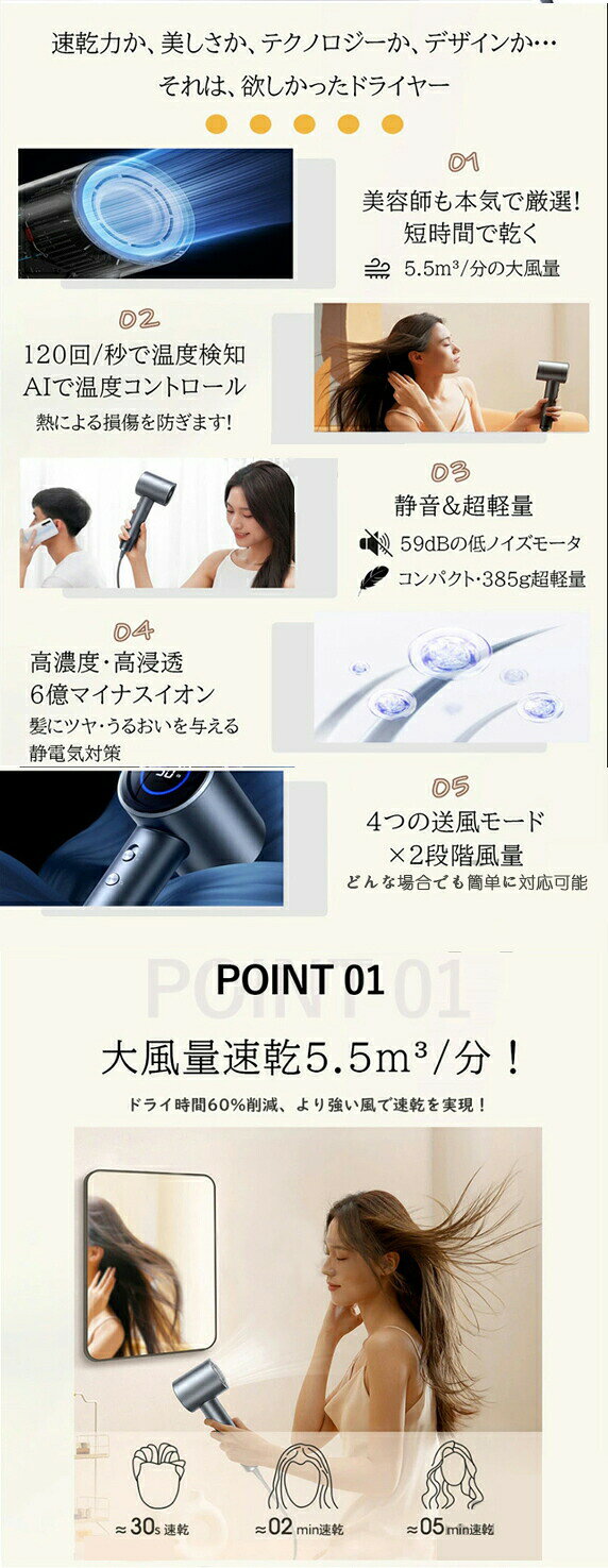 ドライヤー ヘアドライヤー 速乾 大風量 マイナスイオン LEDディスプレイ 高級 軽...