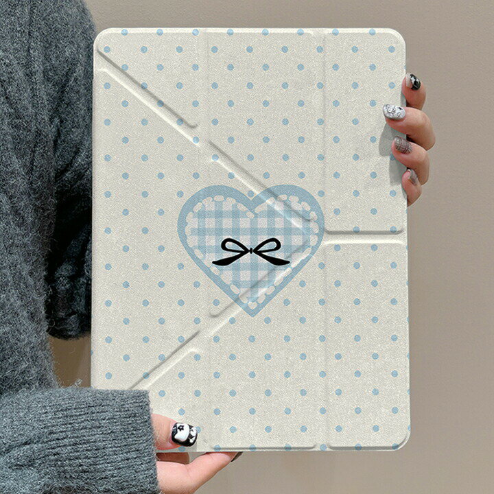 Rakuten - iPad ケース 縦置き 横置きスタンド アイパットケース 女の子 iPad 第10世代 iPad Air ハードケース 変形対策 透明 ハート リボン ドット 水玉模様 三つ折りタッチペン収納付き 自動スリープ 落下対策 耐衝撃