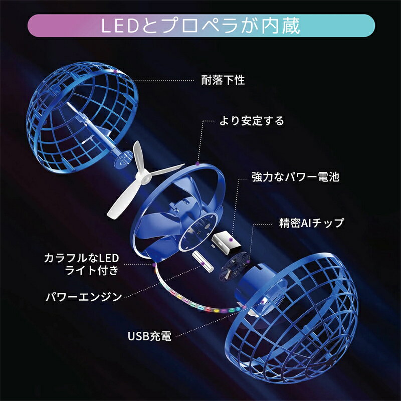 アイスレースの【レッドやパープル翌日発送】【 SALE】【★人気商品★】話題のフライングボール！ 子供への誕生日プレゼントに！ フライングボール おもちゃ ジャイロ ミニドローン ブーメラン スピナー ボール UFO おもちゃ 光る 飛行 ボール 浮遊 ロータリー 回転式｜アングル3
